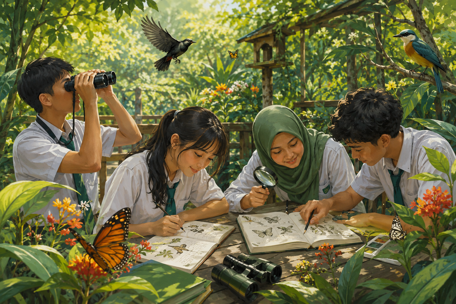 Ilustrasi siswa belajar fauna memakai buku lapangan dan teropong di taman.