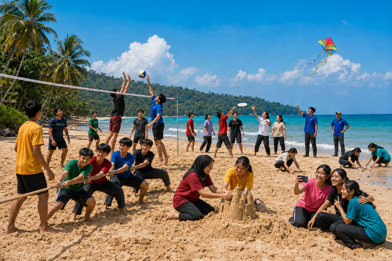 Ilustrasi persahabatan siswa saat rekreasi di pantai.