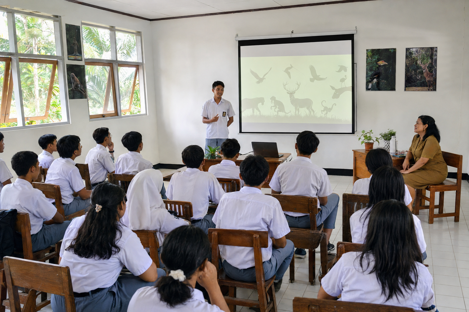 Ilustrasi siswa mengikuti sosialisasi klub fauna di ruang kelas.
