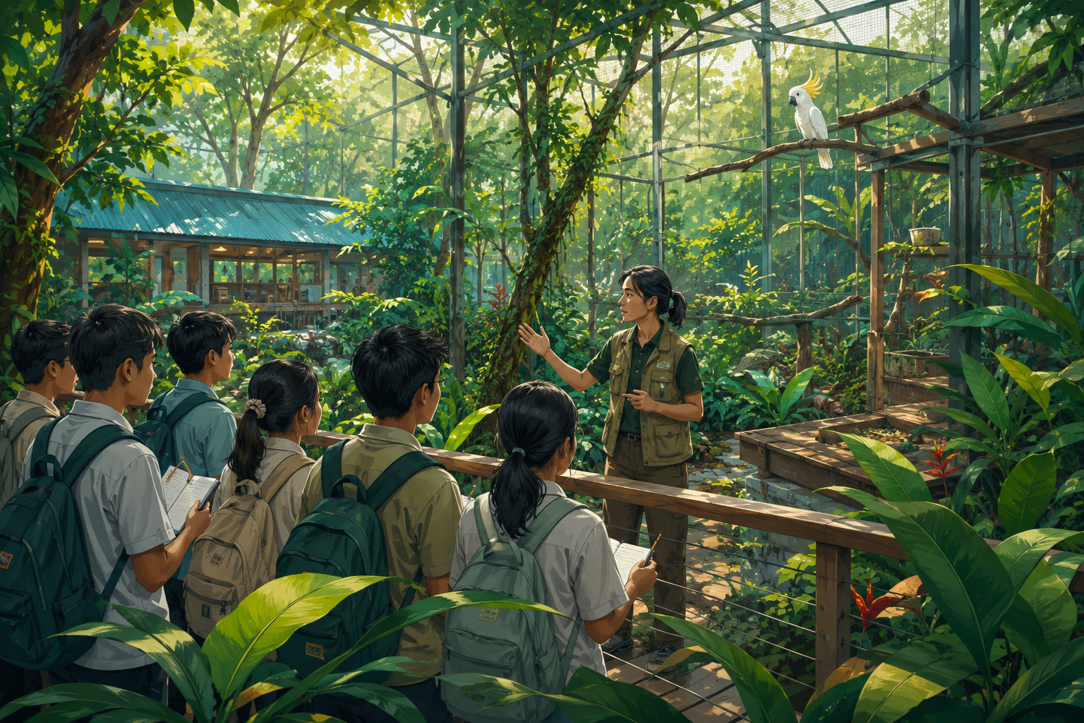 Ilustrasi kunjungan siswa dengan pemandu ke pusat penyelamatan satwa tropis.